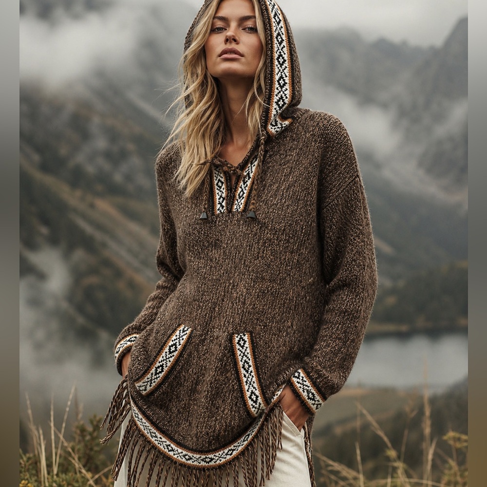Alpaca Cozy Hooded Fringe Knit Pullover - Brown with Pattern Trim